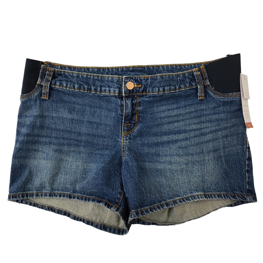 Isabel Maternity Under the Belly Denim Shorts Blue Expandable Side Panel 4.5"